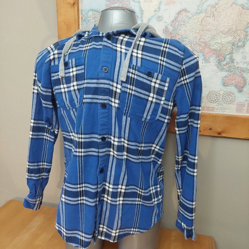 Urban Heritage Blue Plaid Long Sleeve Cotton Blend Hooded Button Shirt Men's M/L